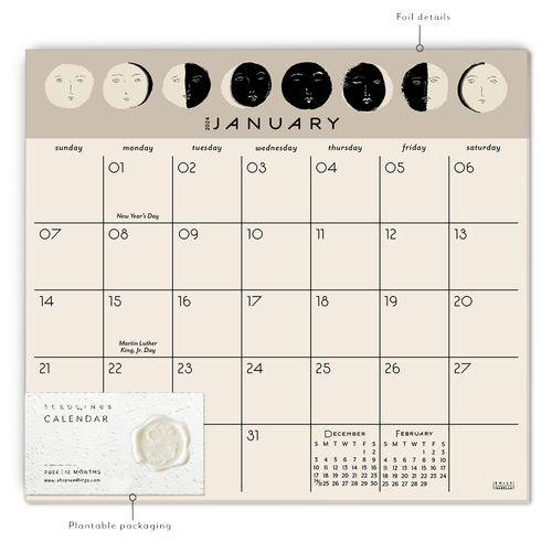 Moon Faces 2024 Calendar Pad - Blank Monthly Calendar - Seedlings