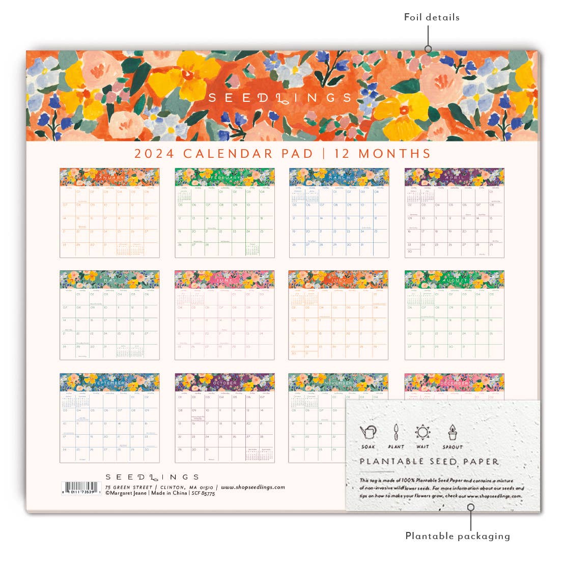 Red and Orange Floral 2024 Calendar Pad - Blank Monthly Calendars - Seedlings