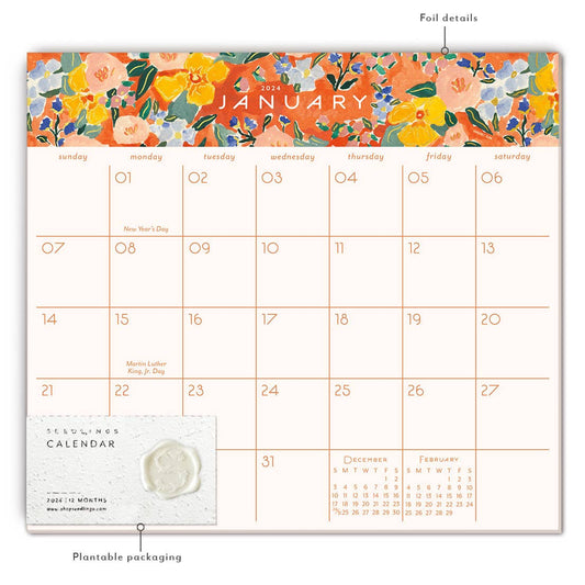 Red and Orange Floral 2024 Calendar Pad - Blank Monthly Calendars - Seedlings