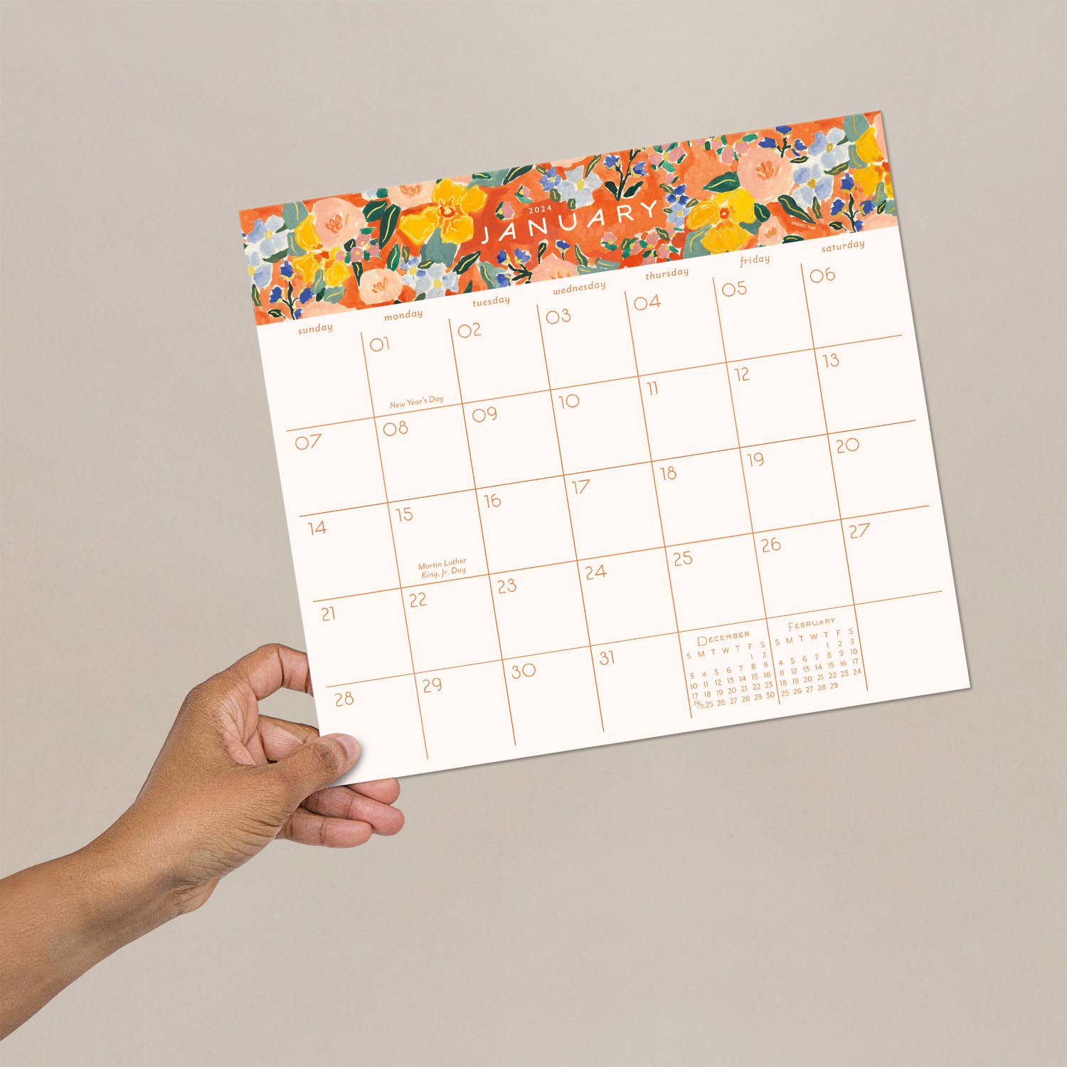 Red and Orange Floral 2024 Calendar Pad - Blank Monthly Calendars - Seedlings