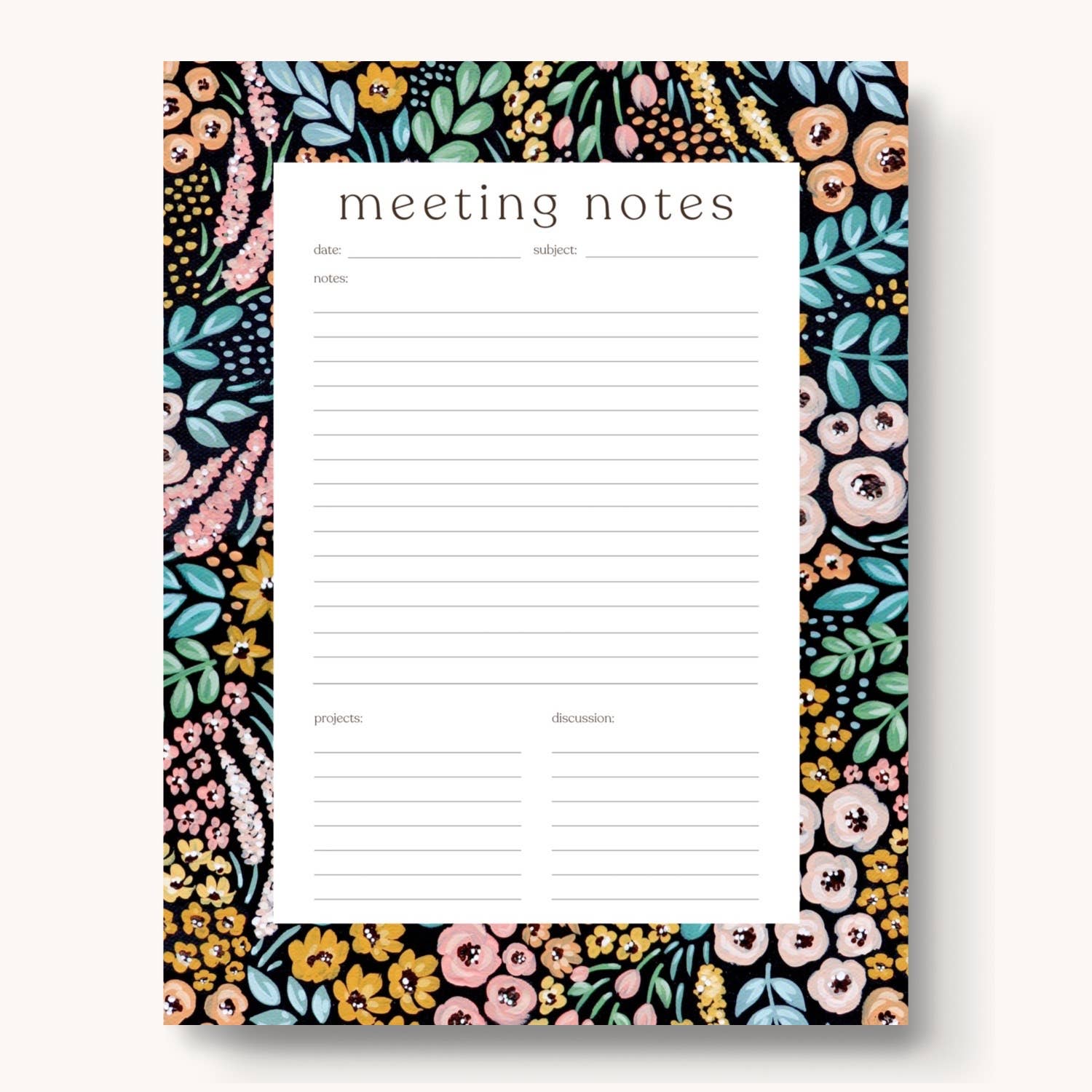 Black Floral Meeting Notes Notepad - Noting Pad Note Pads - Elyse Breanne Design